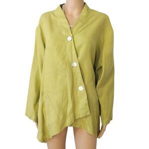 Christopher Calvin Womens Size XL 100% Linen Solid Green Asymmetrical Button Top